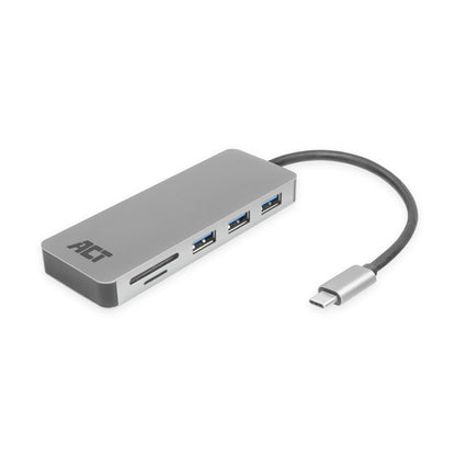ACT USB-C hub 3.0, 3x USB-A, cardreader, PD pass-through, USB 3.2 Gen 1 (3.1 Gen 1) Type-C, USB 3.2 Gen 1 (3.1 Gen 1) Type-A, USB 3.2 Gen 1 (3.1 Gen 1) Type-C, MicroSD (TransFlash), SD, 5000 Mbit/s, Grijs, Aluminium