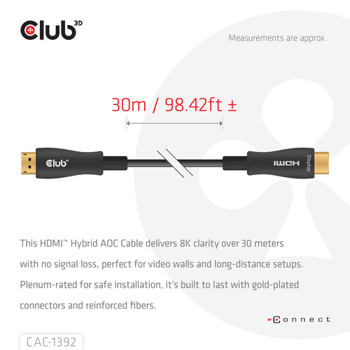 CLUB3D HDMIâ¢ Hybrid AOC Cable 8K60Hz/4K120Hz 30m / 98.42 ft, 30 m, HDMI Type A (Standaard), HDMI Type A (Standaard)