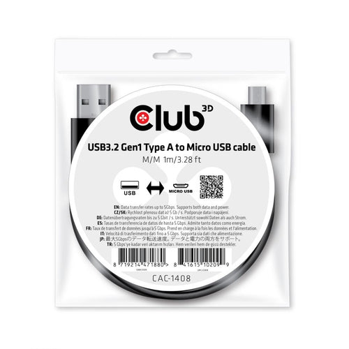 CLUB3D USB 3.2 Gen1 Type-A to Micro USB Cable M/M 1m /3.28ft, 1 m, USB A, Micro-USB B, USB 3.2 Gen 1 (3.1 Gen 1), 50 Gbit/s, Zwart