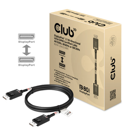 CLUB3D DisplayPort 2.1 Bi-Directional VESA DP80 Gecertificeerde kabel 4K240Hz, 8K60Hz or 10K30Hz M/M 1.2m/3.94ft, 1,2 m, DisplayPort, DisplayPort, Mannelijk, Mannelijk, 10328 x 7760 Pixels