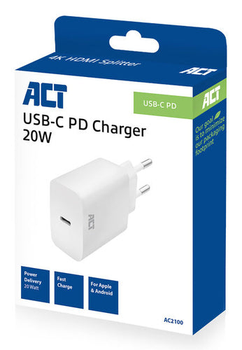 ACT Compacte USB-C Lader 20W voor snel opladen, Binnen, 12 V, Wit