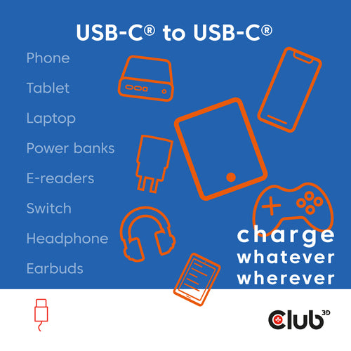 CLUB3D USB-CÂ® Magnetic-Coil 240W PD3.1 Blue Cable 2m / 6.56ft Fast Charging, 2 m, USB C, USB C, Blauw