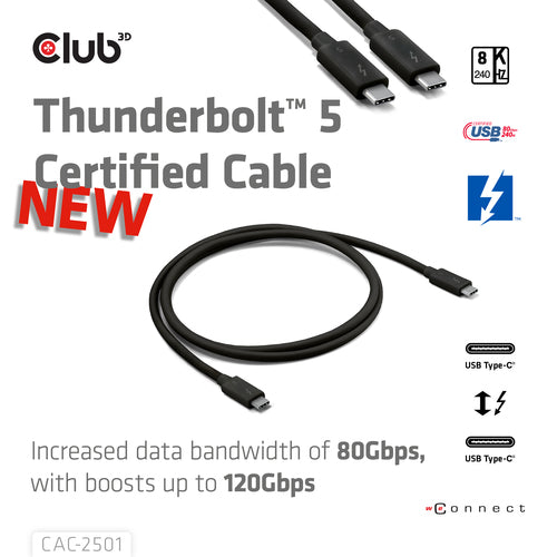 CLUB3D Thunderboltâ¢ 5 Gecertificeerd 8K240Hz 80/120 Gbps EPR 240 Watt Kabel M/M 1m, Man, Man, 1 m, Zwart, 120 Gbit/s, 2 g