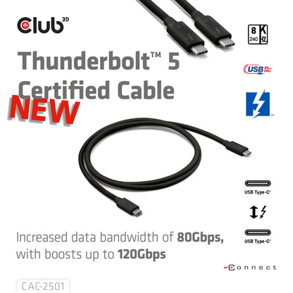 CLUB3D Thunderboltâ¢ 5 Gecertificeerd 8K240Hz 80/120 Gbps EPR 240 Watt Kabel M/M 1m, Man, Man, 1 m, Zwart, 120 Gbit/s, 2 g