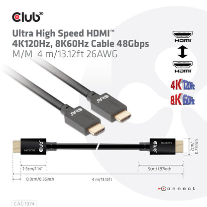 CLUB3D Ultra High Speed ââHDMIâ¢2.1 gecertificeerde kabel 4K120Hz, 144Hz 48Gbps M/V 4 Meter, 4 m, HDMI Type A (Standaard), HDMI Type A (Standaard), Zwart