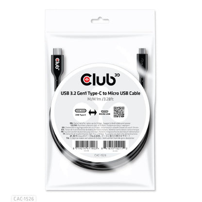 CLUB3D USB 3.2 Gen1 Type-C to Micro USB Cable M/M 1m /3.28ft, 1 m, USB C, Micro-USB B, USB 3.2 Gen 1 (3.1 Gen 1), 5 Gbit/s, Zwart