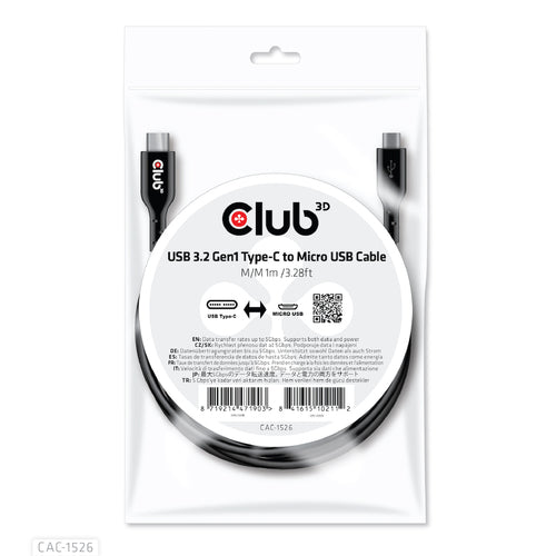 CLUB3D USB 3.2 Gen1 Type-C to Micro USB Cable M/M 1m /3.28ft, 1 m, USB C, Micro-USB B, USB 3.2 Gen 1 (3.1 Gen 1), 5 Gbit/s, Zwart