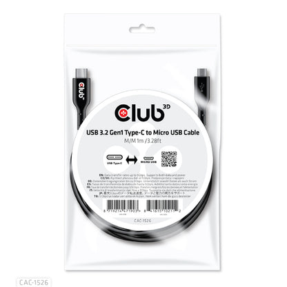 CLUB3D USB 3.2 Gen1 Type-C to Micro USB Cable M/M 1m /3.28ft, 1 m, USB C, Micro-USB B, USB 3.2 Gen 1 (3.1 Gen 1), 5 Gbit/s, Zwart