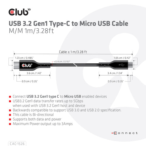 CLUB3D USB 3.2 Gen1 Type-C to Micro USB Cable M/M 1m /3.28ft, 1 m, USB C, Micro-USB B, USB 3.2 Gen 1 (3.1 Gen 1), 5 Gbit/s, Zwart