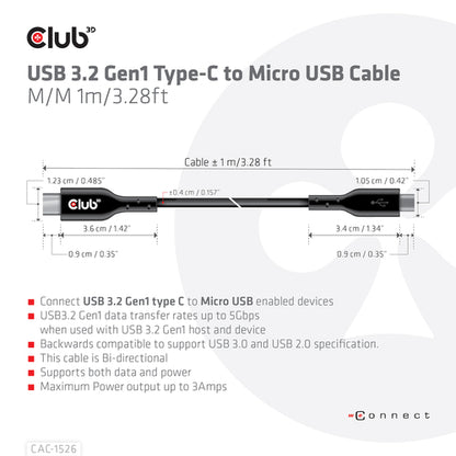 CLUB3D USB 3.2 Gen1 Type-C to Micro USB Cable M/M 1m /3.28ft, 1 m, USB C, Micro-USB B, USB 3.2 Gen 1 (3.1 Gen 1), 5 Gbit/s, Zwart