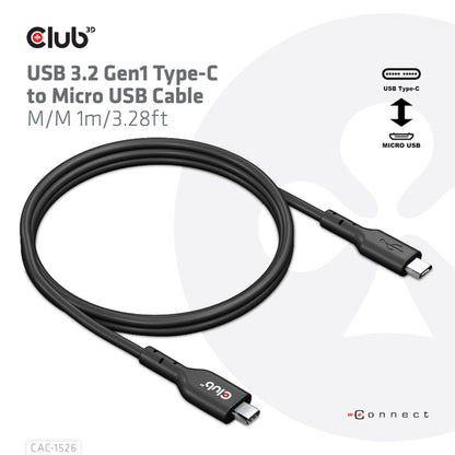 CLUB3D USB 3.2 Gen1 Type-C to Micro USB Cable M/M 1m /3.28ft, 1 m, USB C, Micro-USB B, USB 3.2 Gen 1 (3.1 Gen 1), 5 Gbit/s, Zwart