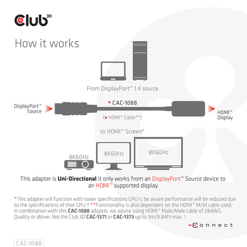 CLUB3D DisplayPort1.4 to HDMI 4K120Hz/8K60Hz HDR Active adapter M/F, 0,21 m, DisplayPort, HDMI, Mannelijk, Vrouwelijk, Recht