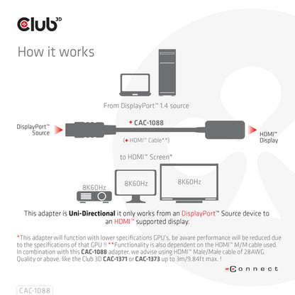 CLUB3D DisplayPort1.4 to HDMI 4K120Hz/8K60Hz HDR Active adapter M/F, 0,21 m, DisplayPort, HDMI, Mannelijk, Vrouwelijk, Recht