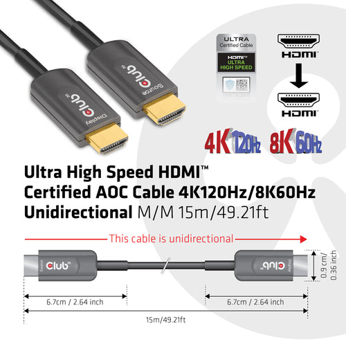 CLUB3D Ultra High Speed ââHDMI 2.1â¢ gecertificeerde AOC-kabel 4K120Hz/8K60Hz Unidirectioneel M/M 15m, 15 m, HDMI Type A (Standaard), HDMI Type A (Standaard), Audio Return Channel (ARC), Zwart