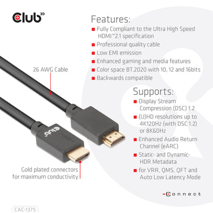 CLUB3D Ultra High Speed HDMIâ¢2.1 gecertificeerde kabel 4K120Hz, 144Hz 48Gbps M/V 5 Meter, 5 m, HDMI Type A (Standaard), HDMI Type A (Standaard), 48 Gbit/s, Audio Return Channel (ARC), Zwart