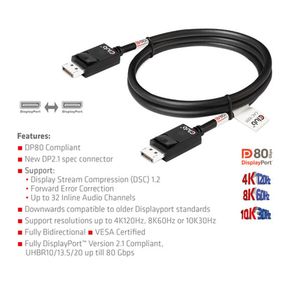 CLUB3D DisplayPort 2.1 Bi-Directional VESA DP80 Gecertificeerde kabel 4K240Hz, 8K60Hz or 10K30Hz M/M 1.2m/3.94ft, 1,2 m, DisplayPort, DisplayPort, Mannelijk, Mannelijk, 10328 x 7760 Pixels