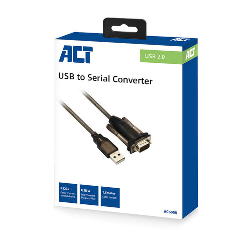 ACT USB naar Serieel Converter (Basic Version), Zwart, 1,5 m, USB Type-A, DB-9, Mannelijk, Mannelijk