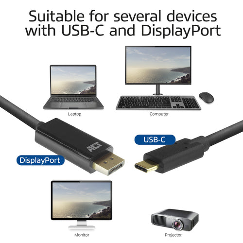 ACT USB-C naar DisplayPort kabel 2 meter, 2 m, USB Type-C, DisplayPort, Mannelijk, Mannelijk, Recht