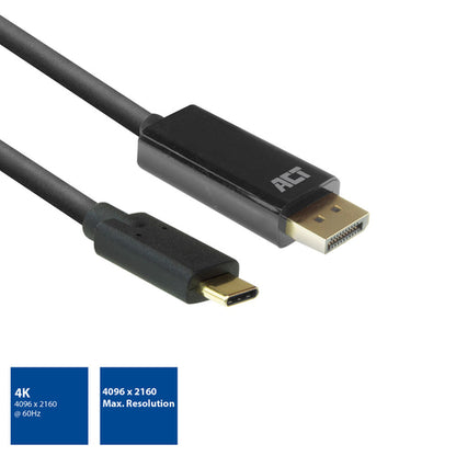 ACT USB-C naar DisplayPort kabel 2 meter, 2 m, USB Type-C, DisplayPort, Mannelijk, Mannelijk, Recht