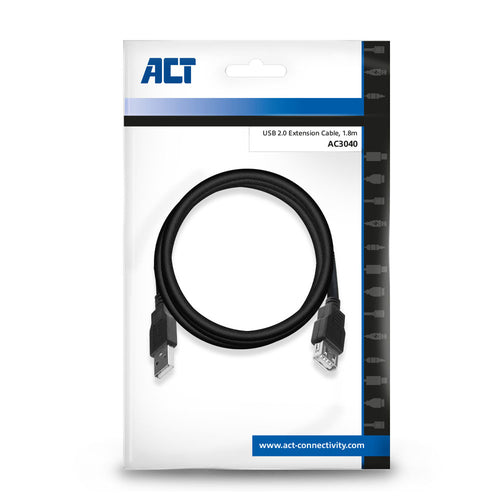 ACT USB 2.0 verlengkabel A male - A female 1,8 meter, 1,8 m, USB A, USB A, USB 2.0, 0,48 Gbit/s, Zwart