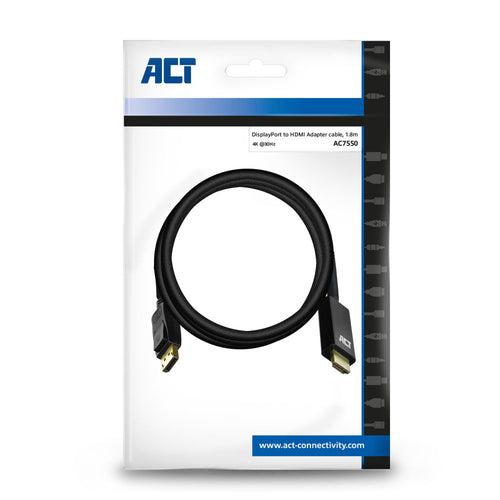 ACT DisplayPort naar HDMI adapterkabel, 1,8 m, 1,8 m, DisplayPort, HDMI Type A (Standaard), Mannelijk, Mannelijk, Recht