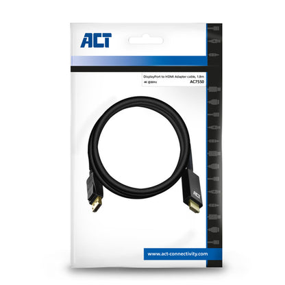ACT DisplayPort naar HDMI adapterkabel, 1,8 m, 1,8 m, DisplayPort, HDMI Type A (Standaard), Mannelijk, Mannelijk, Recht