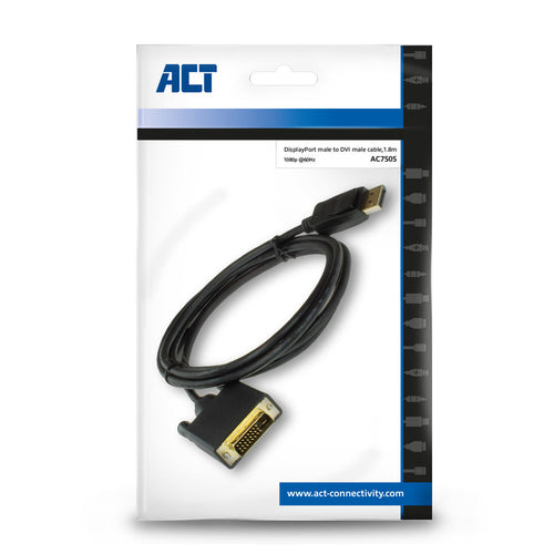 ACT DisplayPort naar DVI adapterkabel 1,8m, 1,8 m, DisplayPort, DVI, Mannelijk, Mannelijk, Recht