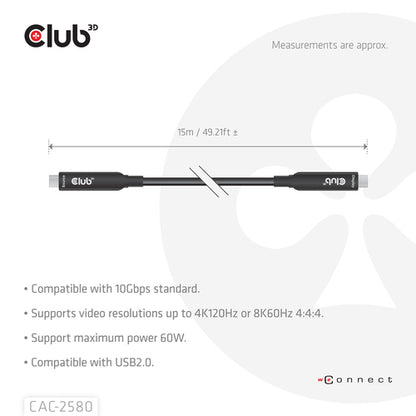 CLUB3D 15M Full-Feature USB-CÂ® Cable / 49.21ft 8K60Hz 10Gbps 60W, USB C, USB C