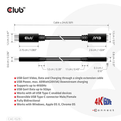 CLUB3D USB Gen1 Type-C Extensie kabel 5Gbps 60W(20V/3A) 4K60Hz M/F 1m/3.28ft, 1 m, USB C, 2 x USB C