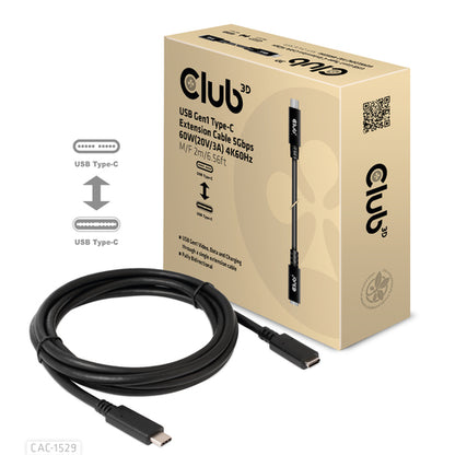 CLUB3D USB Gen1 Type-C Extensie kabel 5Gbps 60W(20V/3A) 4K60Hz M/F 1m/3.28ft, 1 m, USB C, 2 x USB C