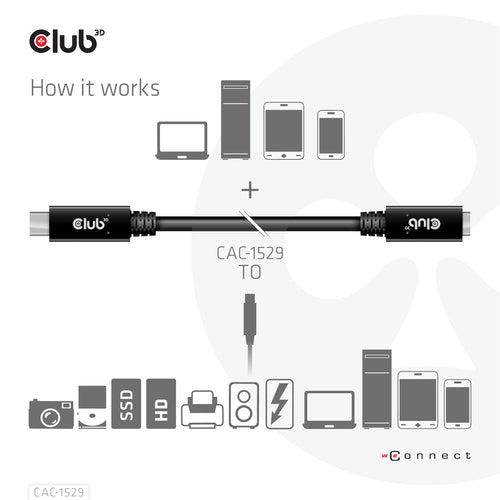 CLUB3D USB Gen1 Type-C Extensie kabel 5Gbps 60W(20V/3A) 4K60Hz M/F 1m/3.28ft, 1 m, USB C, 2 x USB C