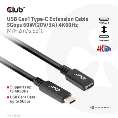 CLUB3D USB Gen1 Type-C Extensie kabel 5Gbps 60W(20V/3A) 4K60Hz M/F 1m/3.28ft, 1 m, USB C, 2 x USB C