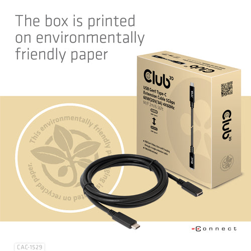 CLUB3D USB Gen1 Type-C Extensie kabel 5Gbps 60W(20V/3A) 4K60Hz M/F 1m/3.28ft, 1 m, USB C, 2 x USB C