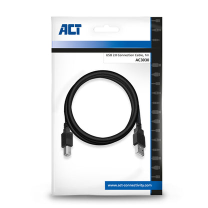 ACT USB 2.0 aansluitkabel A male - B male 1 meter, 1 m, USB A, USB B, USB 2.0, 0,48 Gbit/s, Zwart
