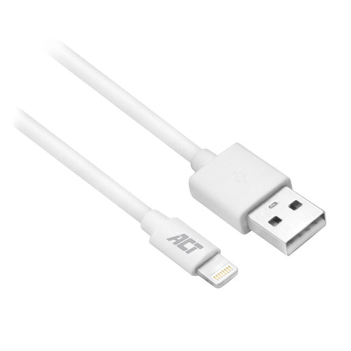 ACT USB 2.0 laad- en datakabel A male - Lightning male 1 meter, MFI gecertificeerd, 1 m, Lightning, USB A, Mannelijk, Mannelijk, Wit