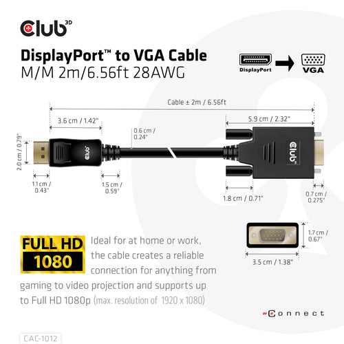 CLUB3D DisplayPort to VGA Cable M/M, 2 m, DisplayPort, VGA (D-Sub), Mannelijk, Mannelijk, Recht