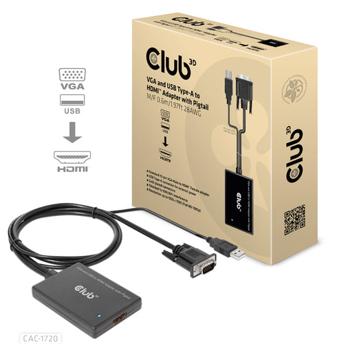 CLUB3D VGA and USB Type-A to HDMI Adapter with Pigtail M/F 0.6m/1.97ft 28AWG, 0,6 m, HDMI Type A (Standaard), VGA (D-Sub) + USB, Vrouwelijk, Mannelijk, Recht
