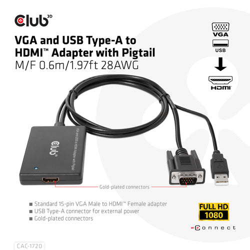 CLUB3D VGA and USB Type-A to HDMI Adapter with Pigtail M/F 0.6m/1.97ft 28AWG, 0,6 m, HDMI Type A (Standaard), VGA (D-Sub) + USB, Vrouwelijk, Mannelijk, Recht