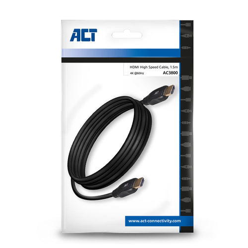 ACT 1,5 meter HDMI High Speed video kabel v2.0 HDMI-A male - HDMI-A male, 1,5 m, HDMI Type A (Standaard), HDMI Type A (Standaard), Zwart