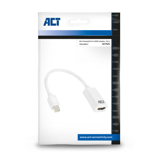 ACT 0,15 meter Mini DisplayPort male naar HDMI-A female adapter, 0,15 m, Mini DisplayPort, HDMI Type A (Standaard), Mannelijk, Vrouwelijk, Recht