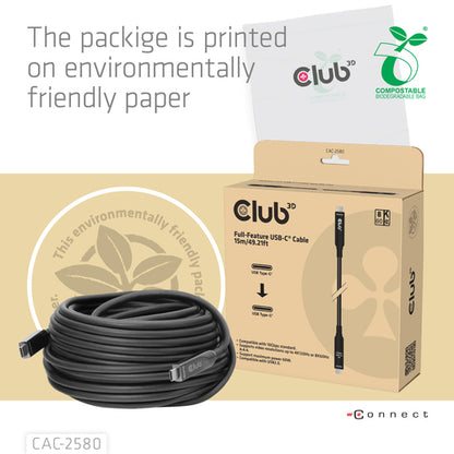 CLUB3D 15M Full-Feature USB-CÂ® Cable / 49.21ft 8K60Hz 10Gbps 60W, USB C, USB C