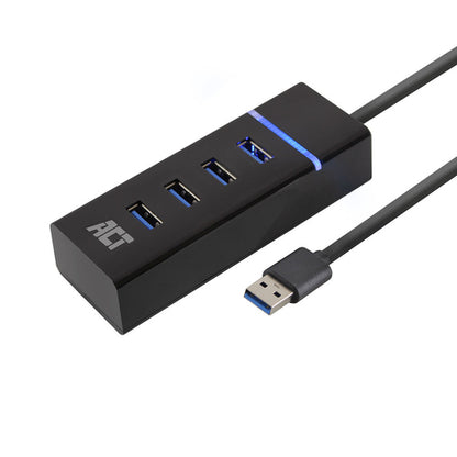ACT USB hub 3.0, 4 poorts USB-A, USB 3.2 Gen 1 (3.1 Gen 1) Type-A, USB 3.2 Gen 1 (3.1 Gen 1) Type-A, 5000 Mbit/s, Zwart, 0,5 m, 1 stuk(s)