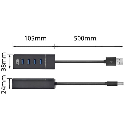ACT USB hub 3.0, 4 poorts USB-A, USB 3.2 Gen 1 (3.1 Gen 1) Type-A, USB 3.2 Gen 1 (3.1 Gen 1) Type-A, 5000 Mbit/s, Zwart, 0,5 m, 1 stuk(s)
