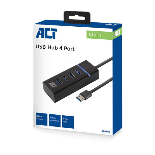 ACT USB hub 3.0, 4 poorts USB-A, USB 3.2 Gen 1 (3.1 Gen 1) Type-A, USB 3.2 Gen 1 (3.1 Gen 1) Type-A, 5000 Mbit/s, Zwart, 0,5 m, 1 stuk(s)