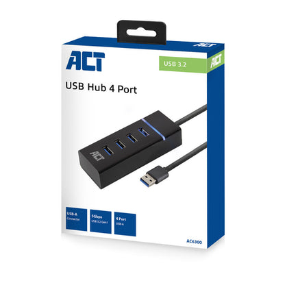 ACT USB hub 3.0, 4 poorts USB-A, USB 3.2 Gen 1 (3.1 Gen 1) Type-A, USB 3.2 Gen 1 (3.1 Gen 1) Type-A, 5000 Mbit/s, Zwart, 0,5 m, 1 stuk(s)