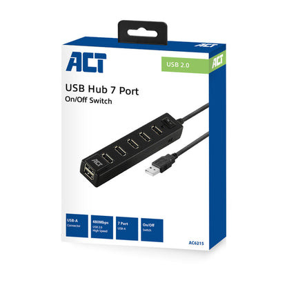 ACT USB hub 7 poorts, aan/uit-schakelaar, USB 2.0, USB 2.0, 480 Mbit/s, Zwart, 0,65 m, USB/AC