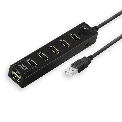 ACT USB hub 7 poorts, aan/uit-schakelaar, USB 2.0, USB 2.0, 480 Mbit/s, Zwart, 0,65 m, USB/AC