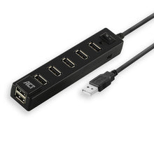 ACT USB hub 7 poorts, aan/uit-schakelaar, USB 2.0, USB 2.0, 480 Mbit/s, Zwart, 0,65 m, USB/AC