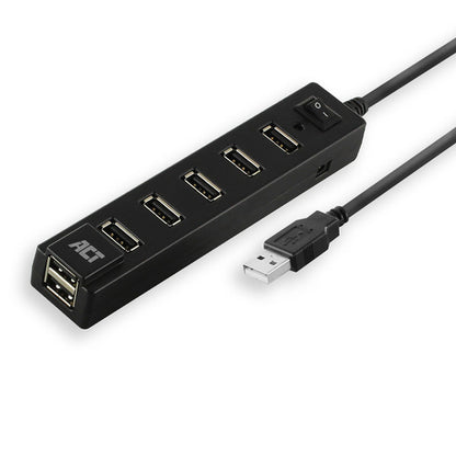 ACT USB hub 7 poorts, aan/uit-schakelaar, USB 2.0, USB 2.0, 480 Mbit/s, Zwart, 0,65 m, USB/AC