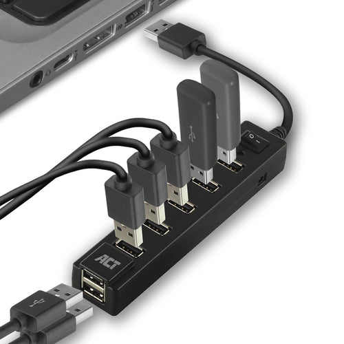 ACT USB hub 7 poorts, aan/uit-schakelaar, USB 2.0, USB 2.0, 480 Mbit/s, Zwart, 0,65 m, USB/AC